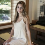 A serene portrait of a woman sitting indoors in natural light.