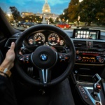 View of the Capitol in Washington DC through the BMW steering wheel during a drive.